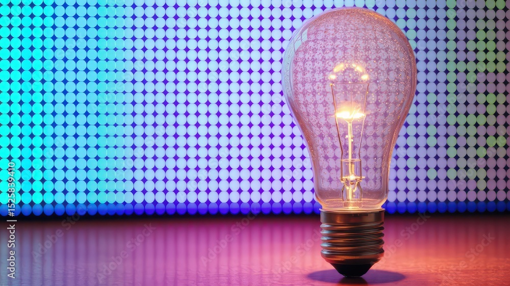 Poster lightbulb with a glowing filament and patterned backdrop symbolizing creativity, innovation, and new
