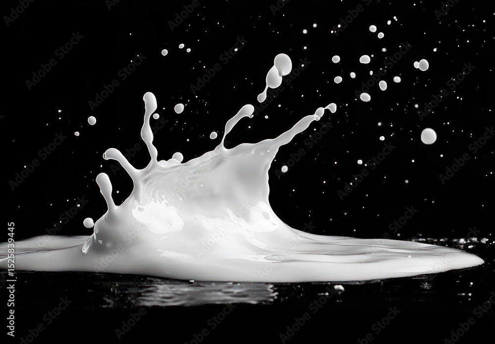 Poster close-up of white liquid splash frozen in motion against black background creating dynamic droplets 
