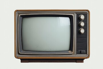 Vintage wooden television set with rounded screen and control knobs on the side on a plain white background