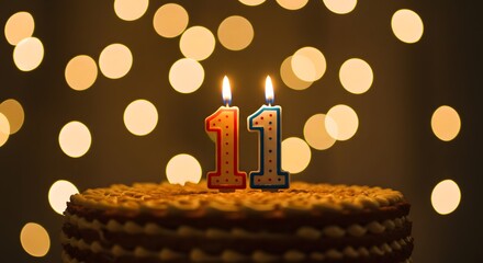 11th birthday, A cheerful cake topped with number 11 candles surrounded by warm bokeh lights, ideal for greeting cards
