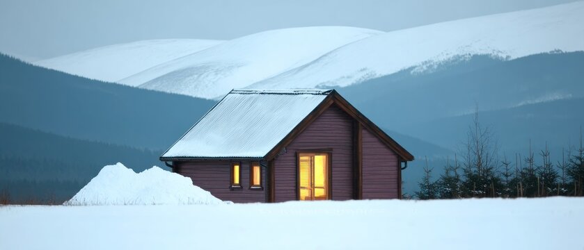 Cozy cabin nestled in snowy mountains