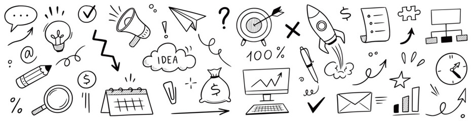 Fototapeta na wymiar Business money sketch idea icon set. Hand drawn sketch elements for startup, project, goal and teamwork. Business graphic chart, rocket, growth marketing concept in chalkboard. Vector illustration