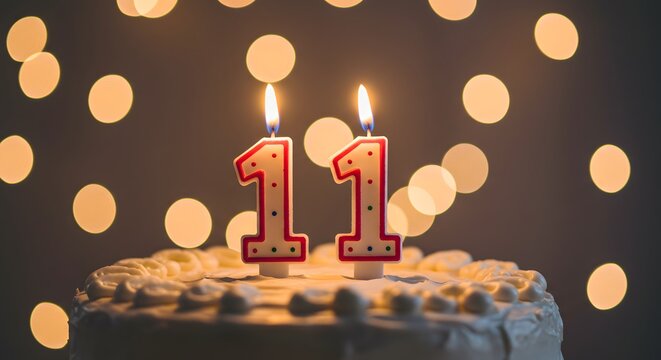 11th birthday, Festive birthday cake with number 11 candles glowing brightly, set against a blurred bokeh light background