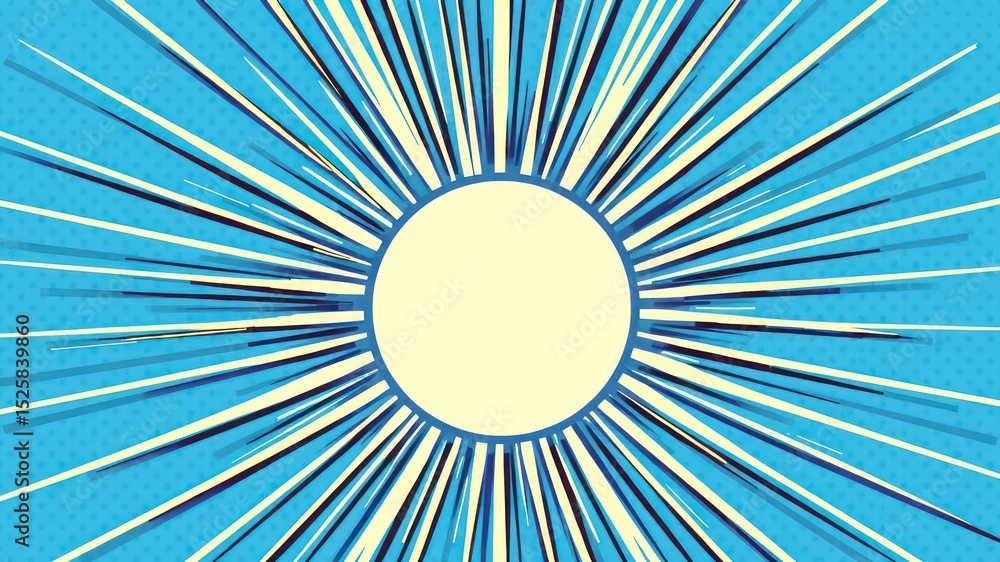 Poster central circle with radiating beams on a blue dotted background creates a dynamic retro style design