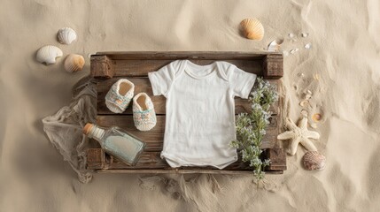 Pregnancy Announcement. Serene Newborn Essentials: a rustic wooden crate holds a white baby onesie, baby shoes, baby bottle, and sea shell on sandy ground