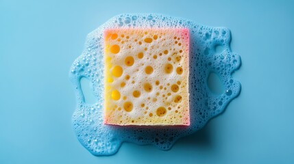 Close-up of a wet cleaning sponge with soap bubbles on a blue background.