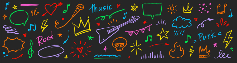 Music star doodle icon punk rock set. Hand drawn music sketch guitar, microphone, skull. Fun graffiti star shape doodle arrow, crown, speech bubble grunge decoration elements. Vector illustration