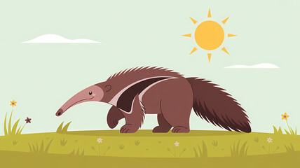 Flat Design Illustration of a Friendly Anteater in a Grassy Field with Wildflowers and a Bright Sunlit Sky