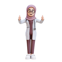 3D render muslim woman doctor character in a white lab coat is giving two thumbs up
