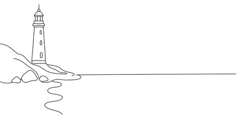 Continuous one line drawing of lighthouse tower. Simple illustration of castle hill tower, sea coast line art vector illustration Editable stroke