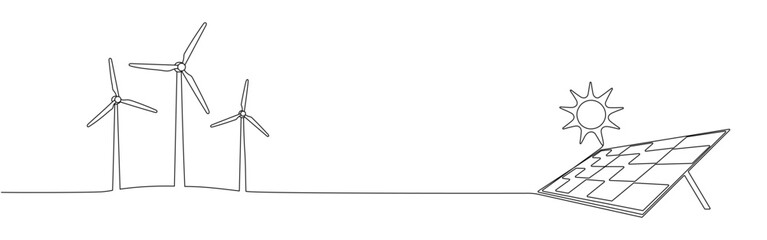 Wind farm turbine, solar panel with sun continuous one line icon drawing. Renewable source energy concept vector illustration in linear style. Editable stroke