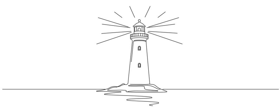 Continuous one line drawing of lighthouse tower. Simple illustration of castle hill tower, sea coast line art vector illustration Editable stroke