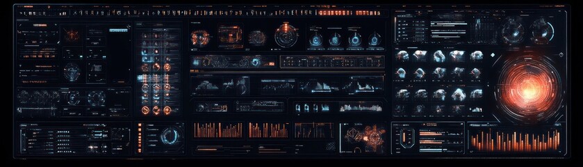 Fototapeta premium Futuristic digital interface with multiple screens showing charts graphs diagrams and glowing circular data visualizations in dark theme