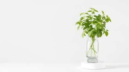 Elegant simplicity displayed with vibrant green plant in clear glass vase against a pure white background