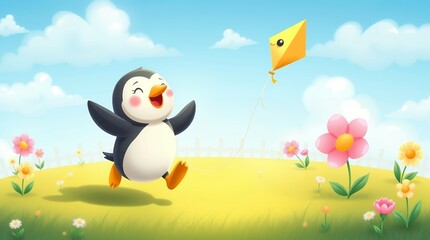 Naklejka premium AI Generated Cute Cartoon Penguin Running Happily with a Kite in a Field