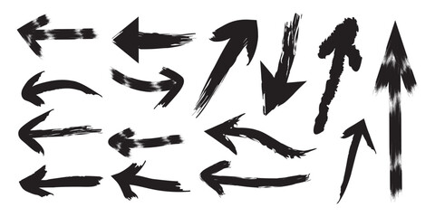 Hand drawn grunge arrow icon set. Grunge arrow vector set. Bold hand-drawn arrows silhouettes in various styles with strong brush strokes, Black various directions arrow shapes.