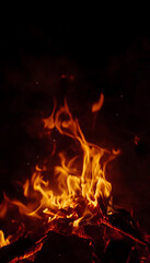 Close up view of a vibrant campfire ablaze in the darkness of the night