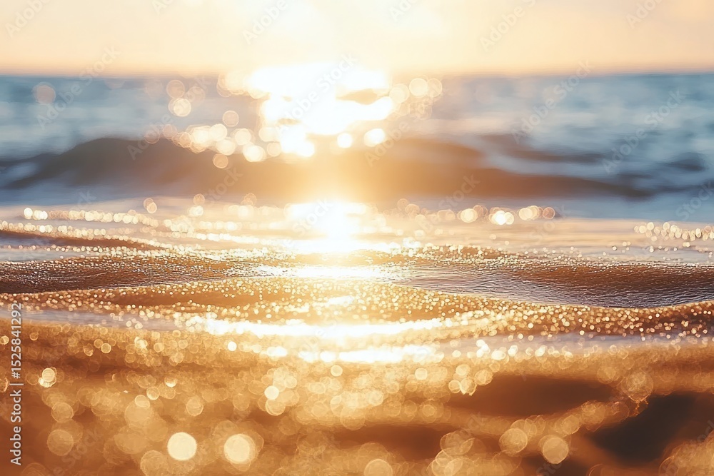 Poster golden sunlight reflecting on gentle ocean waves creating sparkling bokeh effect over water surface 