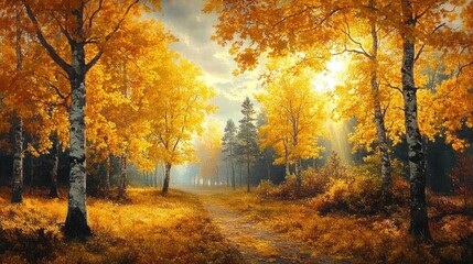 Obraz premium sunlight filtering through golden autumn trees along a forest path surrounded by vibrant yellow and orange foliage creating a warm serene atmosphere