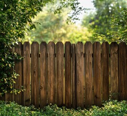 Obraz premium Sunlit weathered wooden fence surrounded by green leafy plants and foliage in a serene natural setting