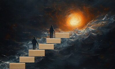 Fototapeta premium Two silhouetted figures walking upward on floating wooden steps amidst turbulent dark waters towards a bright glowing sun, evoking hope and perseverance