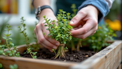 Fototapeta premium Person Nurtures Herb Plant in Wooden Garden Box with Care in Natural Light Focused on Growing Fresh Vegetables and Herbs