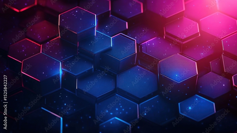 Poster three-dimensional hexagonal blocks forming a futuristic, glowing grid with blue and pink lighting ef