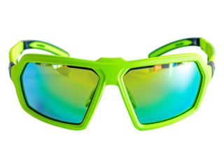 Close up of neon green sunglasses with reflective lenses.