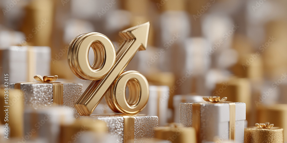 Poster 3d rendering of a golden percentage sign with an arrow pointing up, surrounded by gift boxes on a li