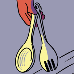 Hand Holding Wooden Serving Utensils: Spoon and Fork