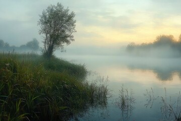 Fototapeta premium Peaceful early morning mist covering a calm river with lush green vegetation and solitary trees along the banks under a soft pastel sky
