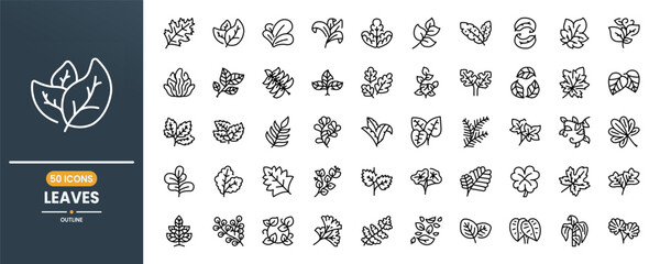 Leaves and leaf vector line icon set. Contains linear outline icons like Plant, Nature, Environment, Ecology, Palm, Maple, Tropical, Flora. Editable use and stroke.