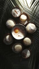 Coconut treats in bowls, arranged on palm leaves