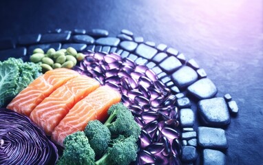 Colorful healthy foods arranged on dark background