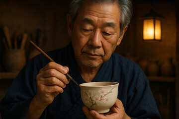 Elderly man painting cherry blossom design on ceramic bowl with brush, traditional craftsmanship in cozy, warmly lit room