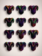 Colorful jester masks in a grid