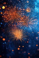 Obraz premium Bright golden fireworks bursting against a dark blue night sky with glowing bokeh lights creating a festive and celebratory atmosphere