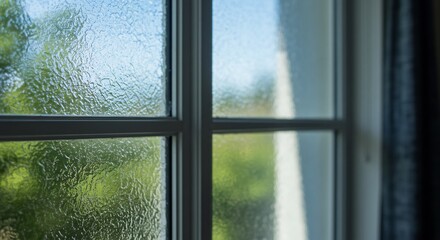 Fototapeta premium Looking Through Frosted Glass Window at Greenery and Blue Sky