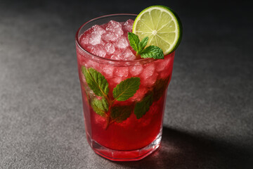 Refreshing berry mojito cocktail with crushed ice, fresh mint leaves, and lime slice on textured dark background