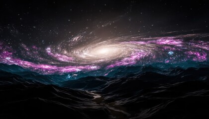 Cosmic landscape with spiral galaxy