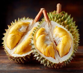 fresh durian with rich yellow meat, durian cut with creamy flesh and spiky shell