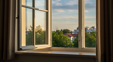 Open Window View with Cityscape and Evening Sky