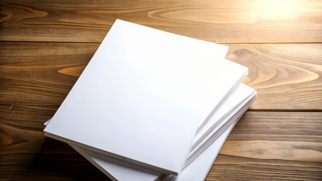 Blank white paper stack piled on rustic wooden desk for letterhead design or office stationery mockup concept. Minimalist presentation with copy space.