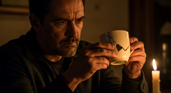 Man Contemplating with a Cracked Mug - Powered by Adobe