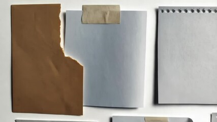 Assortment of white paper and brown kraft paper scraps adhered with tape arranged on white surface - Powered by Adobe