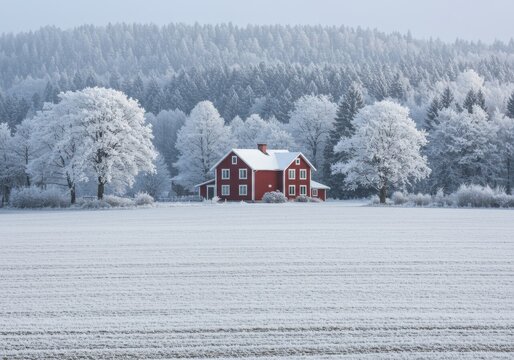 Red house in a snowy field with frosted trees in winter landscape
