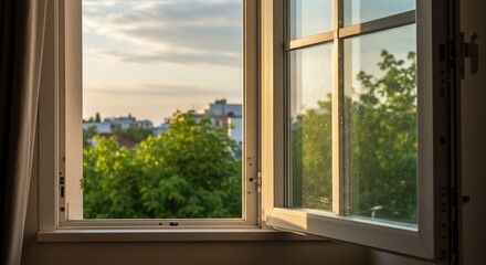 Obraz premium Open Window View with Green Trees and City Skyline at Sunset