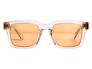 Close up shot of square framed sunglasses with orange lenses.