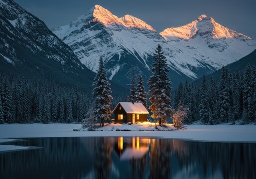 Cabin reflecting in frozen lake with snow covered mountains behind it