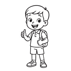 Vector illustration of a young kindergarten boy, black and white minimalist style, back to school theme with strong black outlines and no shading.

